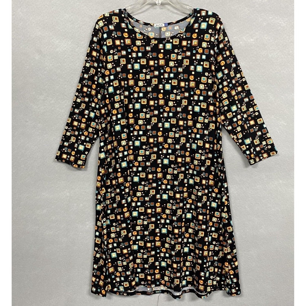 Yarn & Sea Women’s Dress A-Line Comfy Stretch L 3/4 Sleeves Retro Geo Print